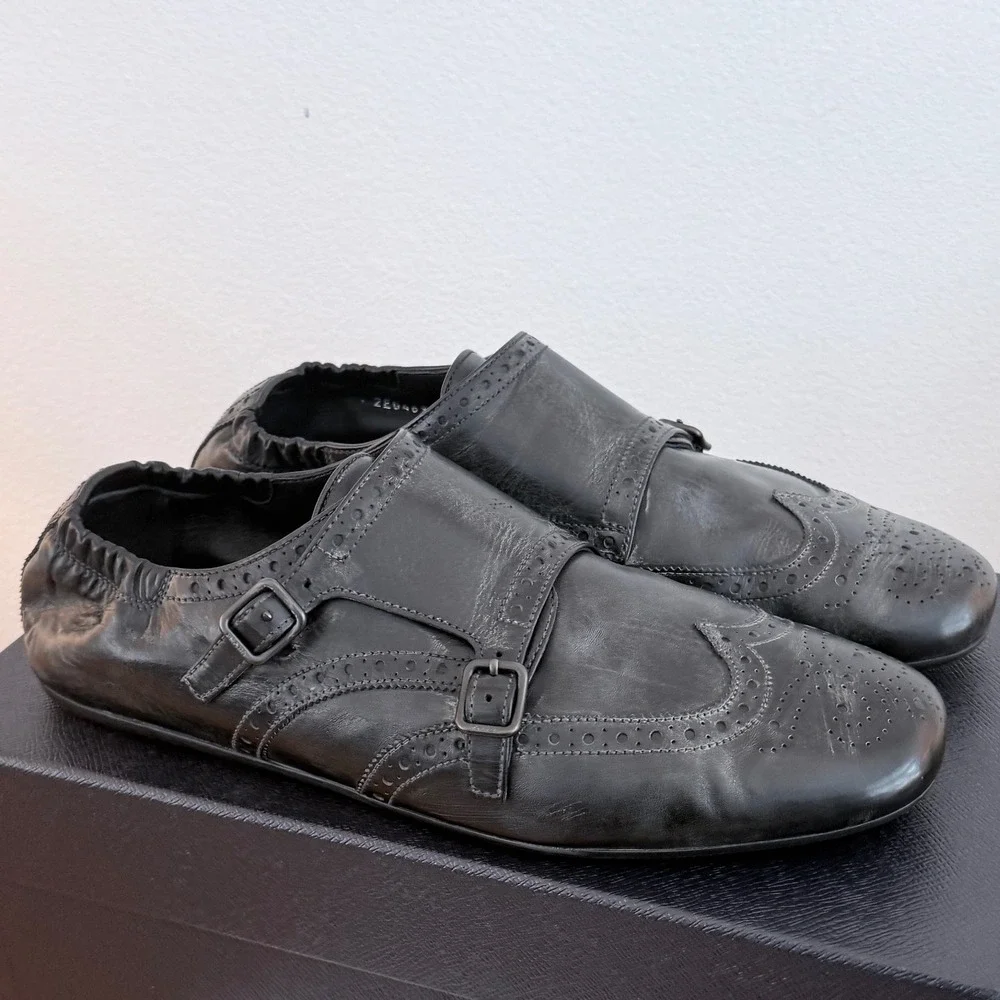 Prada 2EG469 Mens Leather Double Monk Strap Wingtip Shoes Grey Black UK 8